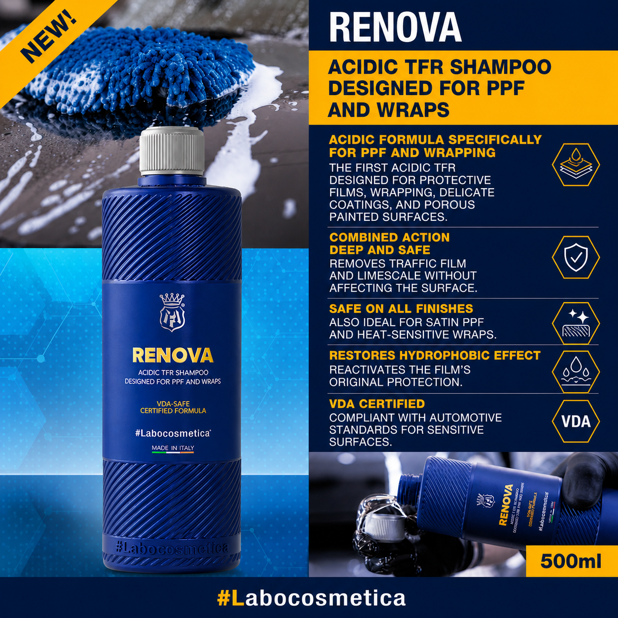 Labocosmetica RENOVA Acidic TFR Shampoo for PPF & Wraps | VDA Certified Film-Safe Reset Wash | 2PH Step | 500ML