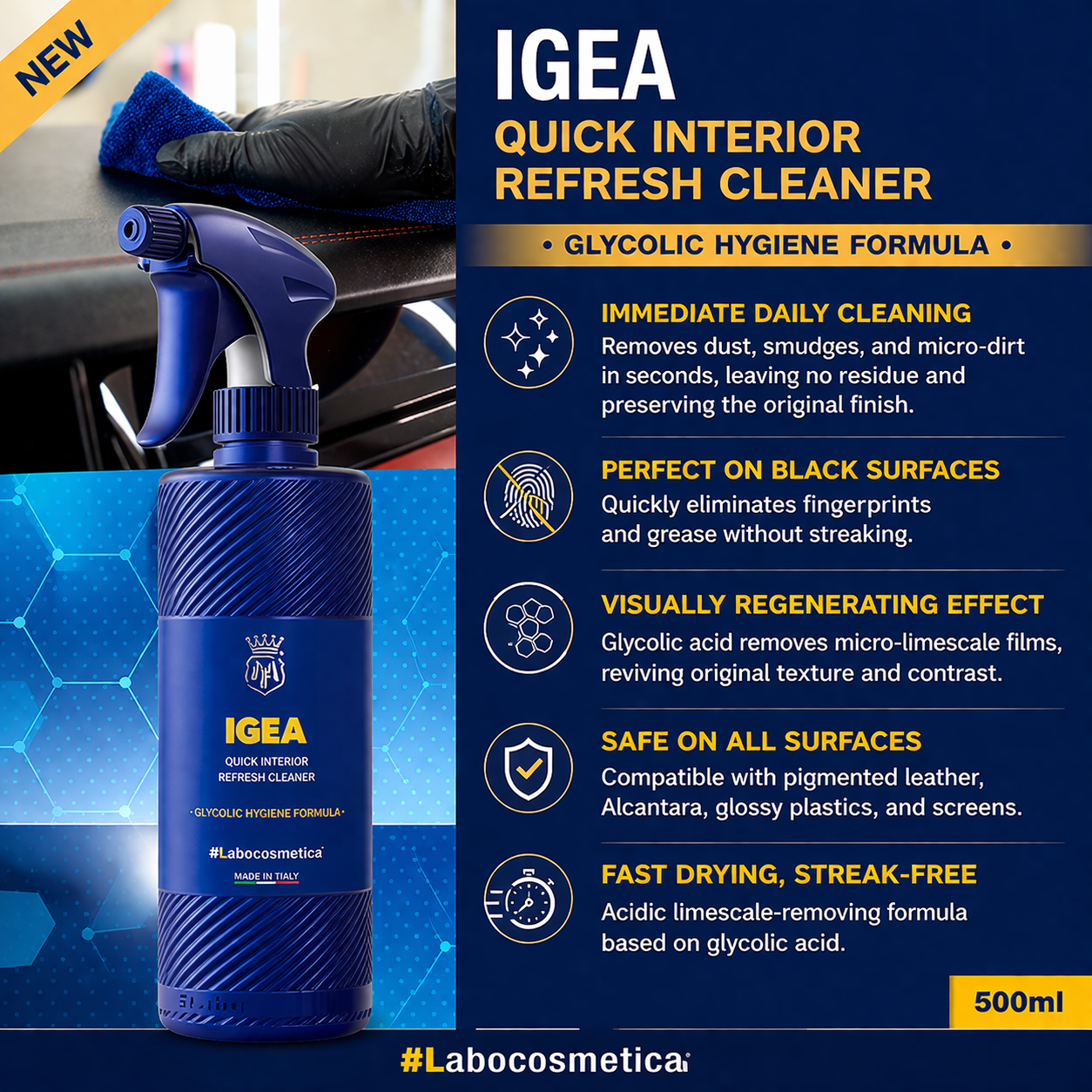 Labocosmetica IGEA Quick Refresh Interior Cleanser | Fast Wipe for Dashboards Trims Touchscreens & Plastics | 500ML